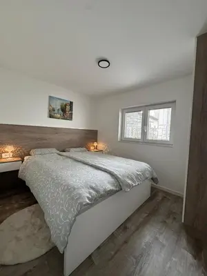 a bedroom with a large bed and two windows at Livada in Ljubljana