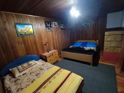 a bedroom with two beds in a room with wooden walls at Sigma house in Mojstrana
