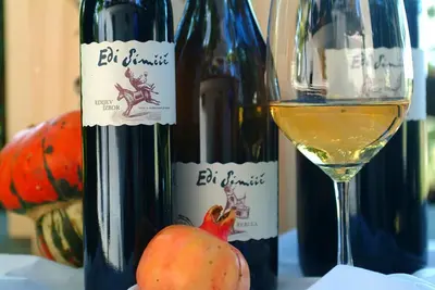 a bottle of wine and a glass of white wine at Peaceful Stay Among the Vines in Vipolže