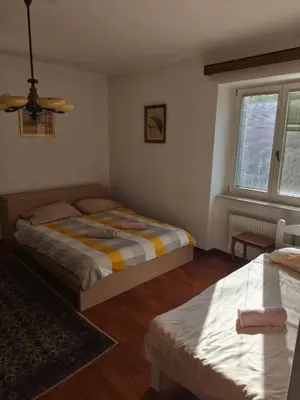 a bedroom with two beds and a window at Villa Pinta Pika in Ljubljana