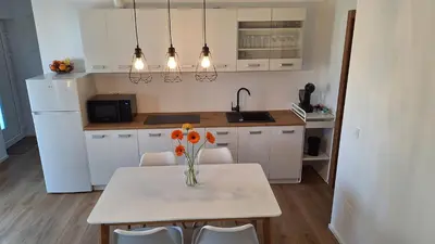 a kitchen with a table with a vase of flowers on it at Apartment GA-JA in Ljubljana