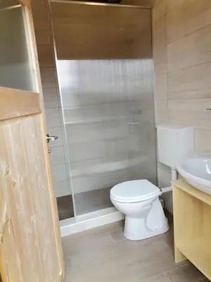 a bathroom with a toilet and a shower and a sink at Scenic Glamping Huts with Mountain Views near Ljubno ob Savinji, Slovenia in Mozirska Koča