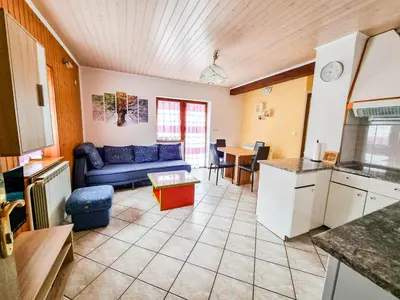 a kitchen and a living room with a blue couch at Apartma Jakob 2 in Bovec