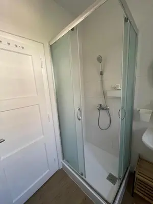 a bathroom with a shower with a glass door at At the Burkulis' in Ljubljana