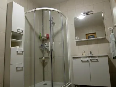a shower with a glass door in a bathroom at Apartment House Cviter in Bovec