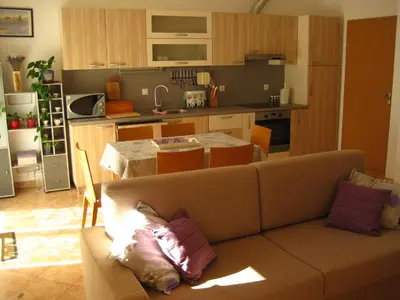 a living room and kitchen with a couch and a table at Apartment House Cviter in Bovec