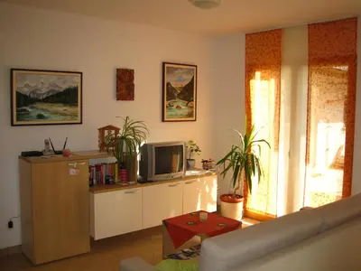 a living room with a couch and a tv at Apartment House Cviter in Bovec