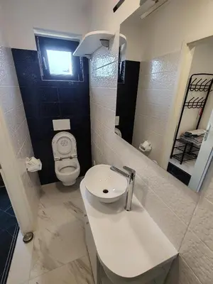 a bathroom with a toilet and a sink and a mirror at Studio Hathor - Bikers Welcome in Kranj