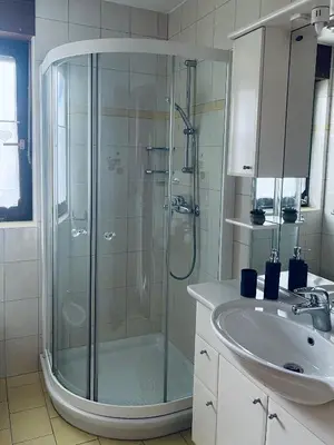 a bathroom with a shower and a sink at Apartma Špan in Zgornje Gorje