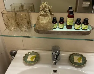 a bathroom sink with glasses and bottles on a shelf at Bella Mura Nature Apartment Lipa 109 in Podčetrtek