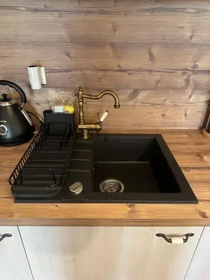 a kitchen counter with a sink and a stove at Bella Mura Nature Apartment Lipa 109 in Podčetrtek