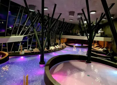 a jacuzzi tub in a room with purple lights at Bella Mura Nature Apartment Lipa 109 in Podčetrtek