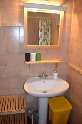 a bathroom with a sink and a mirror at House Pod Lipo in Trenta