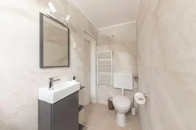 a bathroom with a sink and a toilet and a mirror at Unique Forest Lodge Bled in Bled