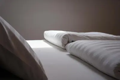 two white pillows sitting on top of a bed at Domačija Kveder in Cerklje na Gorenjskem