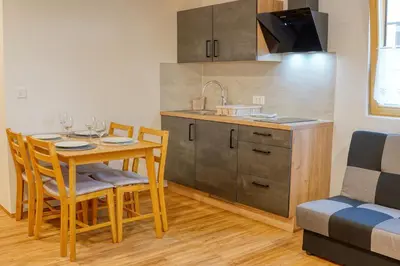 a kitchen with a table and chairs and a sink at Domačija Kveder in Cerklje na Gorenjskem