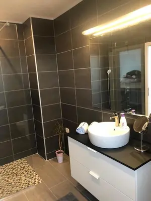 a bathroom with a sink and a mirror at Apartment Lucija - Dekani in Dekani