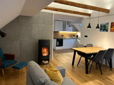 a living room with a table and a fireplace at Grannys Retreat in Žiri