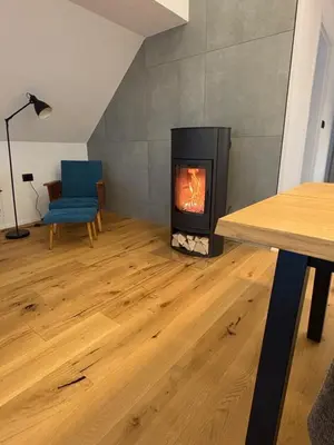 a living room with a fireplace and a blue chair at Grannys Retreat in Žiri