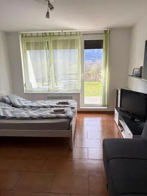a bedroom with a bed and a television and a couch at Stefs Garden in Bovec
