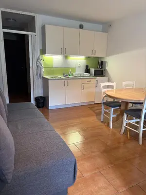 a kitchen and dining room with a table and a table and chairs at Stefs Garden in Bovec