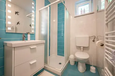 a bathroom with a toilet sink and a shower at Apartma med krošnjami in Bohinj