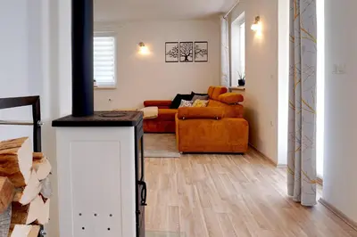 a living room with a fireplace and a couch at Apartma med krošnjami in Bohinj