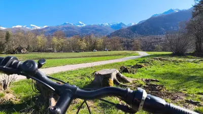 a view of a bike handlebar and a road at Fresh romance by the river in Bohinj