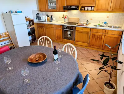a kitchen with a table with a bottle of wine on it at Apartment Senik in Grgar