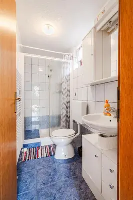 a bathroom with a toilet and a sink and a shower at Apartma Vučič in Bovec