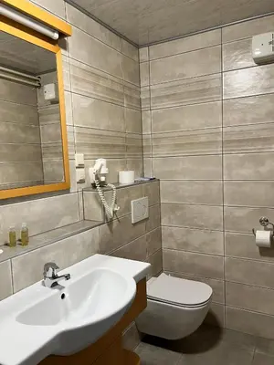 a bathroom with a sink and a toilet and a mirror at Mini Hotel in Škofja Loka