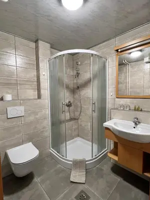 a bathroom with a shower and a toilet and a sink at Mini Hotel in Škofja Loka