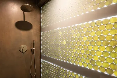 a bathroom with a shower with a wall covered in gold circles at Hiša Marija House in Miklavž pri Ormožu