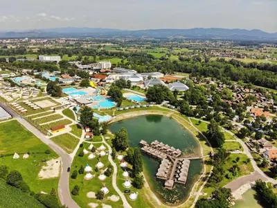 an aerial view of a resort with a pool at BRUNARICA VINTAGE 83 - nastanitev z vključenimi kopalnimi kartami - with Thermal Riviera Tickets included in Brežice