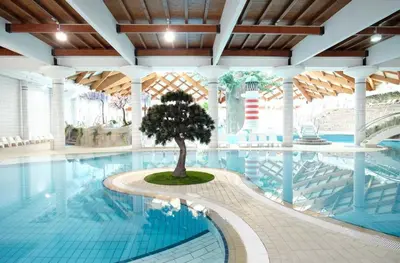 a swimming pool with a tree in the middle of it at BRUNARICA VINTAGE 83 - nastanitev z vključenimi kopalnimi kartami - with Thermal Riviera Tickets included in Brežice