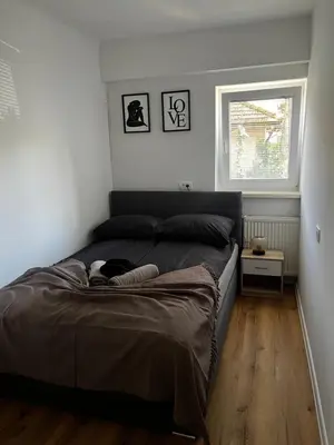 a bed in a bedroom with a cat laying on it at Apartmaji MAS 3 in Ljubljana