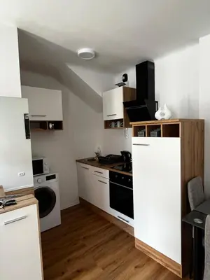 a kitchen with white cabinets and a washer and dryer at Apartmaji MAS 3 in Ljubljana