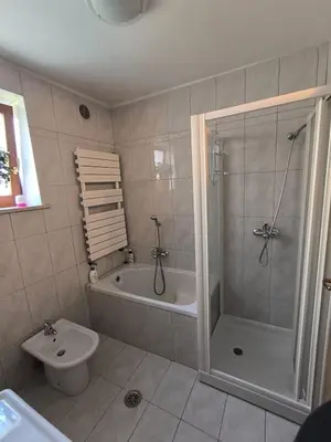 a bathroom with a shower and a toilet and a sink at Apartma Pri noni Silvi in Tolmin