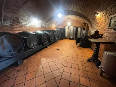 a row of urinals lined up in a tunnel at Zidanica Jakec in Podlehnik