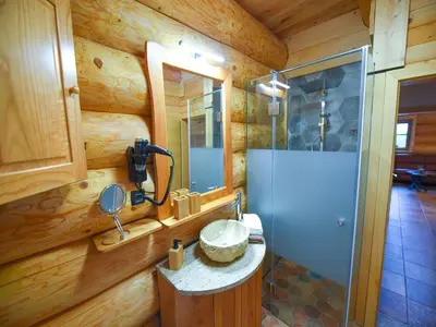a bathroom with a wooden wall with a sink and a mirror at Luxury Log House in Globoko