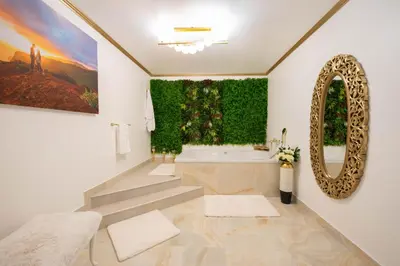 a bathroom with a tub and a green wall at Linasi Resort Slovenia in Nazarje