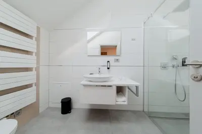a white bathroom with a sink and a shower at Carolina Luxury Stay in Rogašovci
