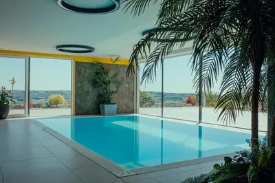 a swimming pool in a house with a palm tree at Carolina Luxury Stay in Rogašovci