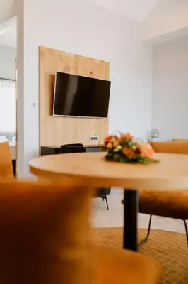 a table with a vase of flowers on top of it at Carolina Luxury Stay in Rogašovci