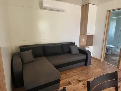 a living room with a couch and a mirror at Pavel Cottage with 2 Thermal Riviera Tickets in Moravske Toplice