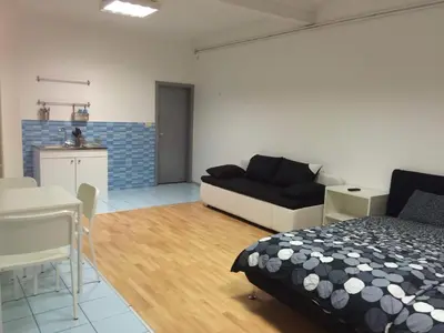 a living room with a bed and a couch at Apartments Abc Ljubljana in Ljubljana