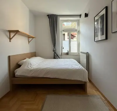 a bedroom with a bed and a window at Aumetz Square Apartment 2 in Idrija