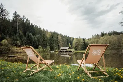two chairs sitting in the grass near a lake at Koča ob ribniku in Ponikva