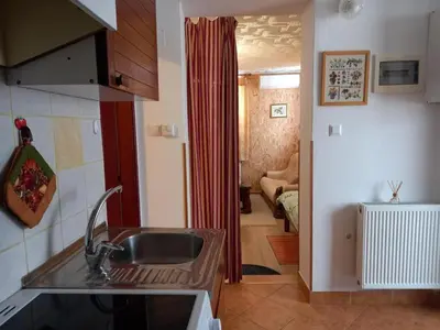 a kitchen with a sink and a living room at Apartmaji Boka in Bovec