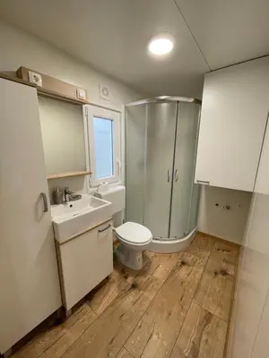 a bathroom with a toilet and a shower and a sink at Pavel 1 Cottage with 2 Thermal Riviera Tickets in Moravske Toplice